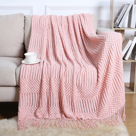 Textured throw blanket solid soft for sofa couch decorative knitted blanket, Pink