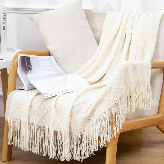 Textured throw blanket solid soft for sofa couch decorative knitted blanket,Diamond Texture ,White