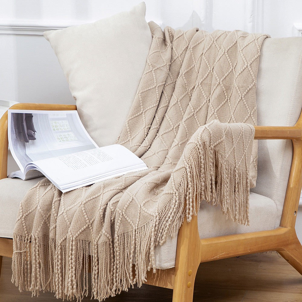 Textured throw blanket solid soft for sofa couch decorative knitted blanket,Diamond Texture ,Sand