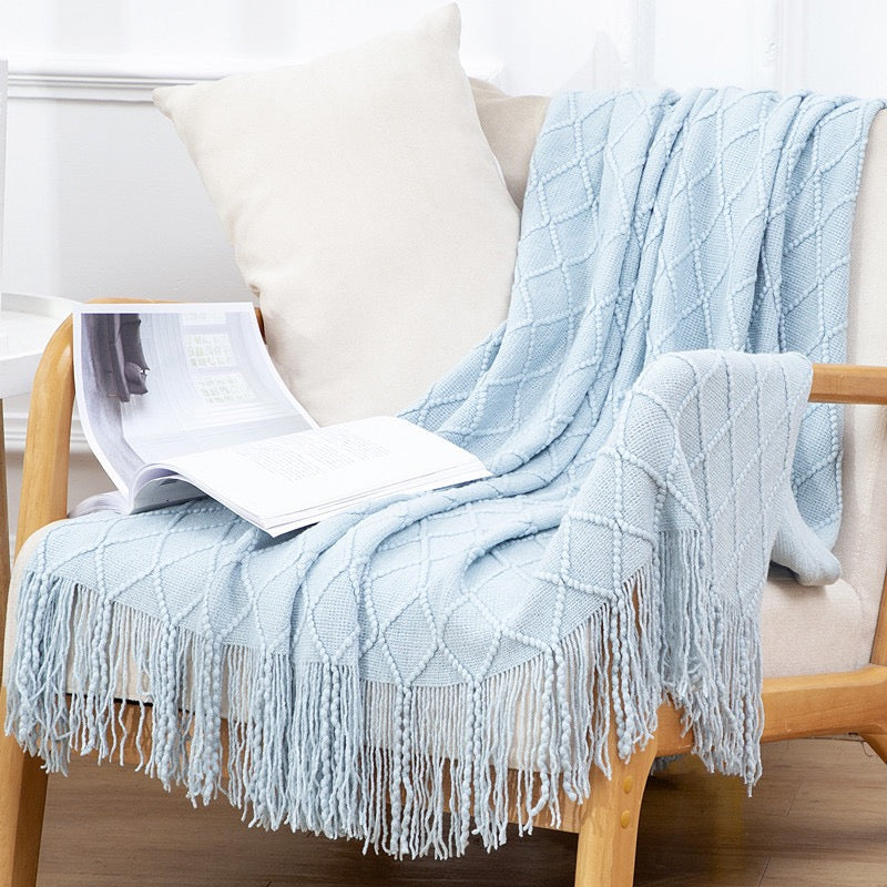 Textured throw blanket solid soft for sofa couch decorative knitted blanket,Diamond Texture ,Lake Blue