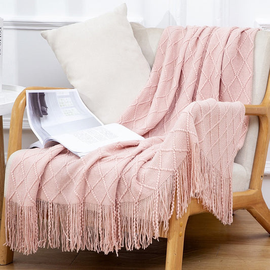 Textured throw blanket solid soft for sofa couch decorative knitted blanket,Diamond Texture ,Pink