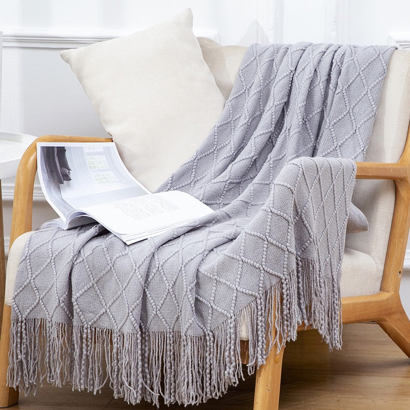 Textured throw blanket solid soft for sofa couch decorative knitted blanket,Diamond Texture ,Dove