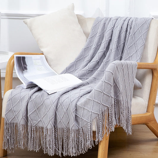 Textured throw blanket solid soft for sofa couch decorative knitted blanket,Diamond Texture ,Dove