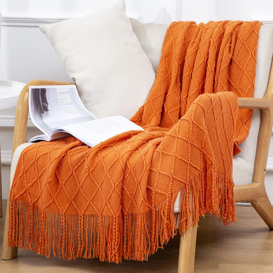 Textured throw blanket solid soft for sofa couch decorative knitted blanket,Diamond Texture ,Orange