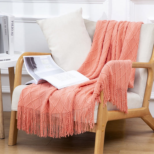 Textured throw blanket solid soft for sofa couch decorative knitted blanket,Diamond Texture ,Coral