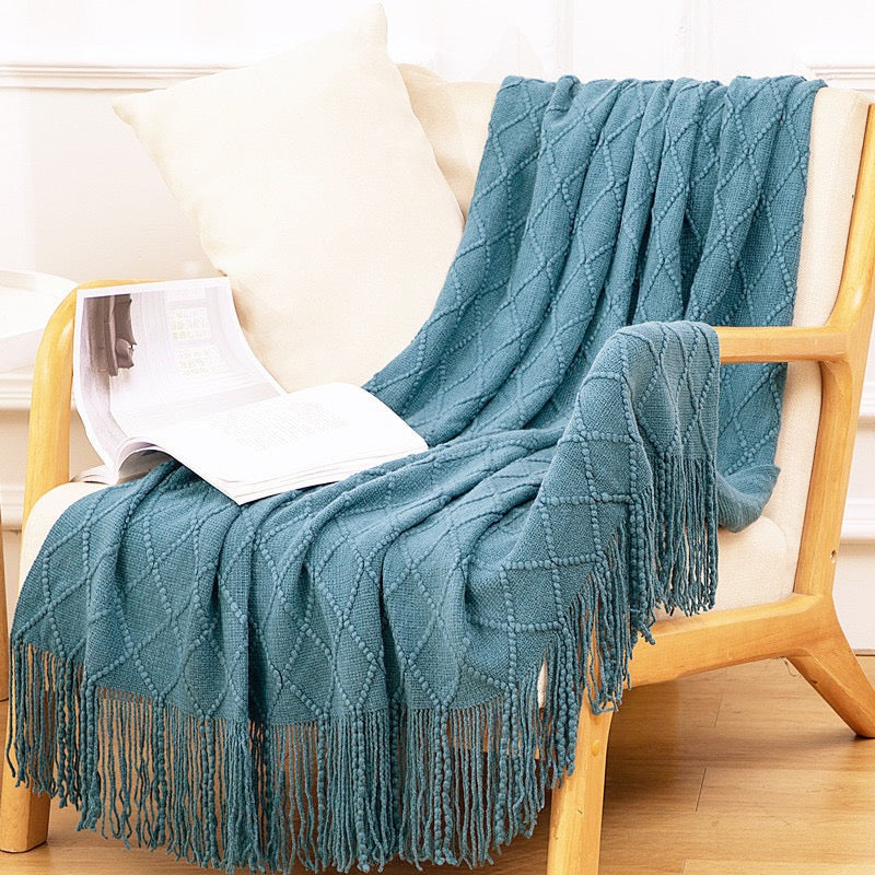 Textured throw blanket solid soft for sofa couch decorative knitted blanket,Diamond Texture ,Lake Green