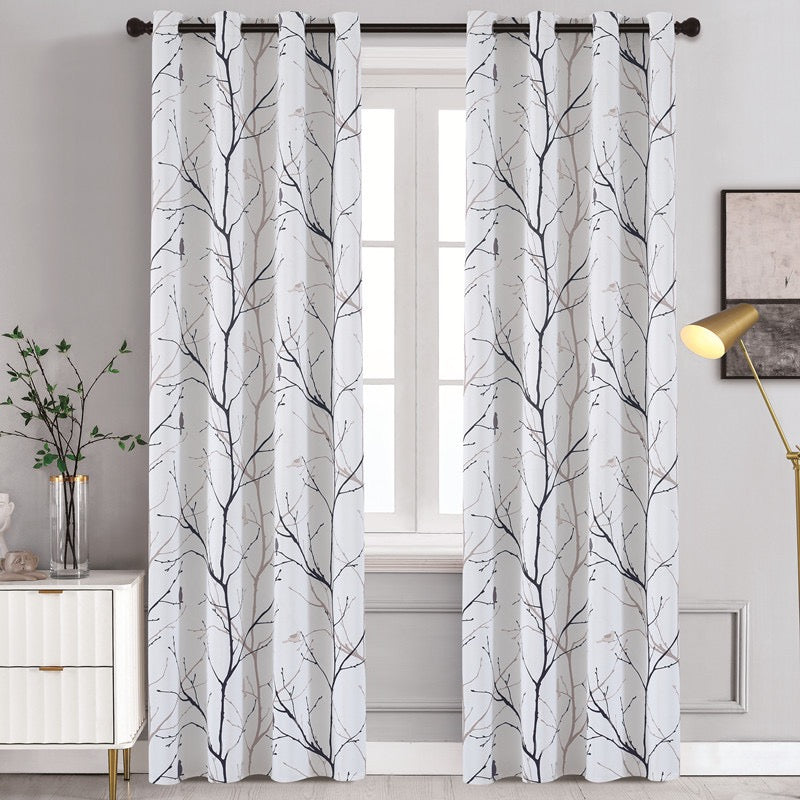 Sunscreen Shading Curtains 2 Panels, Printed Tree Branches Soft Comfort Privacy Drapes,Thickening Heat Insulation,Black&White