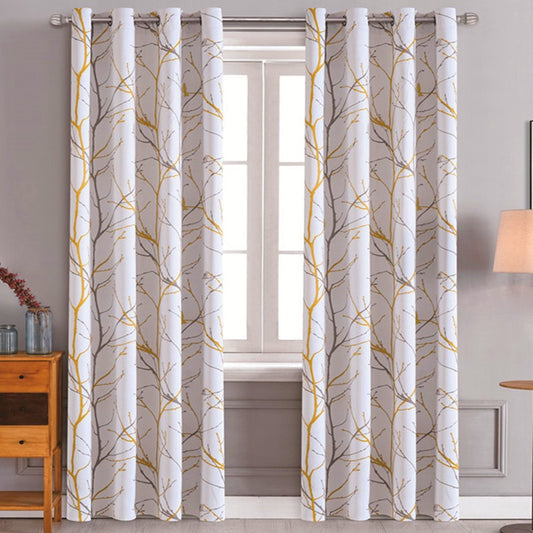 Sunscreen Shading Curtains 2 Panels, Printed Tree Branches Soft Comfort Privacy Drapes,Thickening Heat Insulation,Yellow&White
