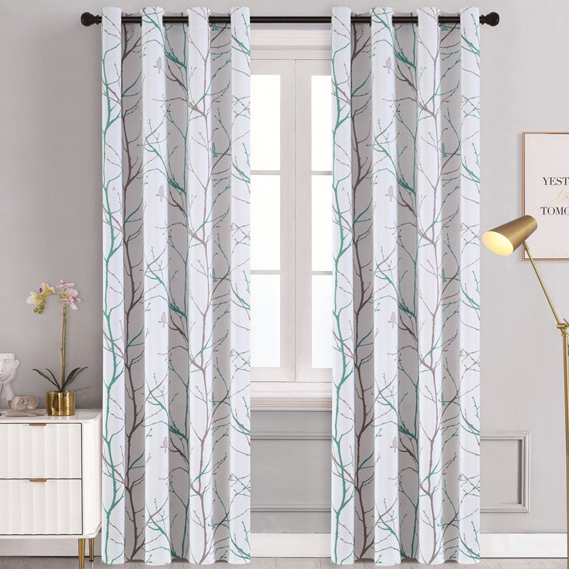 Sunscreen Shading Curtains 2 Panels, Printed Tree Branches Soft Comfort Privacy Drapes,Thickening Heat Insulation,Blue&White