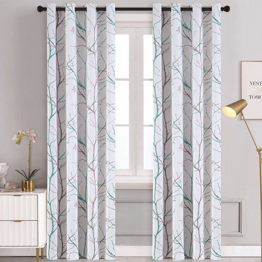 Sunscreen Shading Curtains 2 Panels, Printed Tree Branches Soft Comfort Privacy Drapes,Thickening Heat Insulation,Blue&White