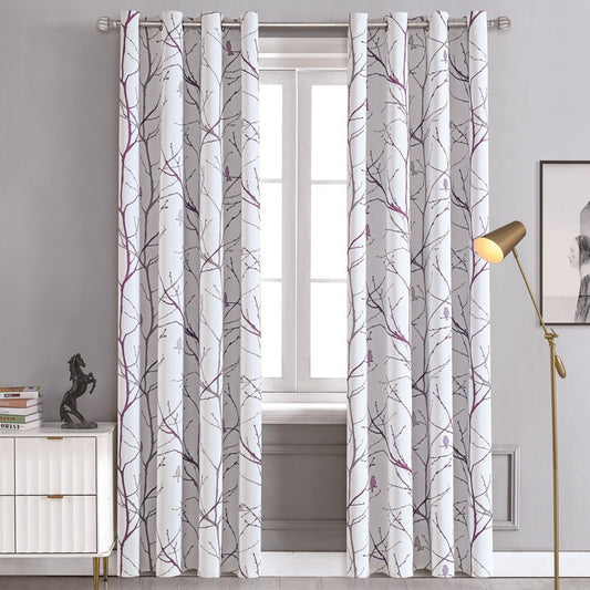Sunscreen Shading Curtains 2 Panels, Printed Tree Branches Soft Comfort Privacy Drapes,Thickening Heat Insulation,Purple&White