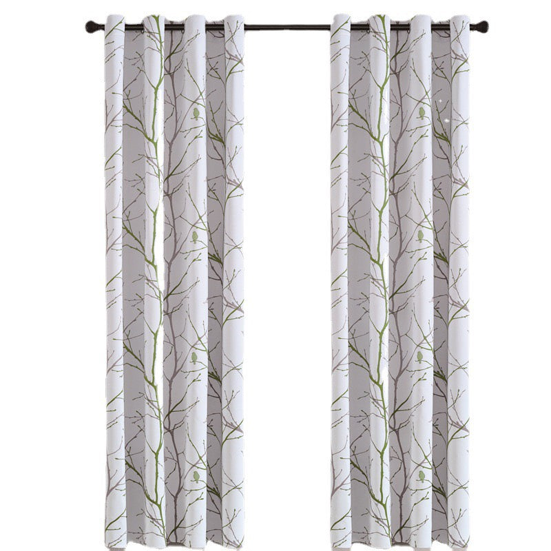 Sunscreen Shading Curtains 2 Panels, Printed Tree Branches Soft Comfort Privacy Drapes,Thickening Heat Insulation,Green&White