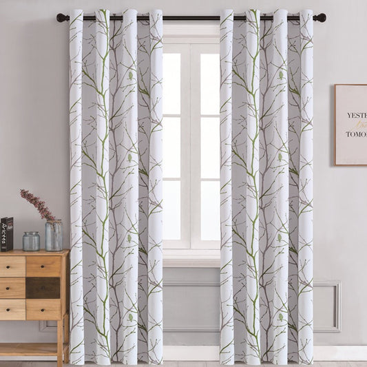 Sunscreen Shading Curtains 2 Panels, Printed Tree Branches Soft Comfort Privacy Drapes,Thickening Heat Insulation,Green&White