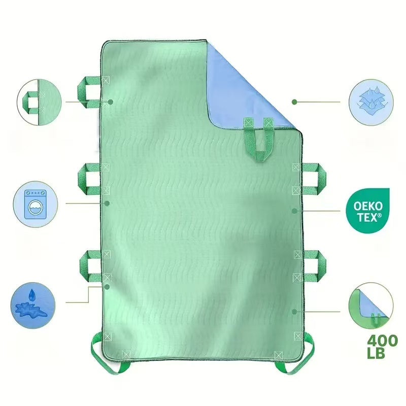 Positioning Bed Pad, with 6/8 Reinforced Handles, Quick-Drying, Washable, Waterproof, for Lifting, Turning, Transfering, Elderly and Incontinence Patients, Green
