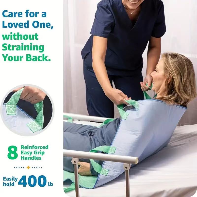 Positioning Bed Pad, with 6/8 Reinforced Handles, Quick-Drying, Washable, Waterproof, for Lifting, Turning, Transfering, Elderly and Incontinence Patients, Green