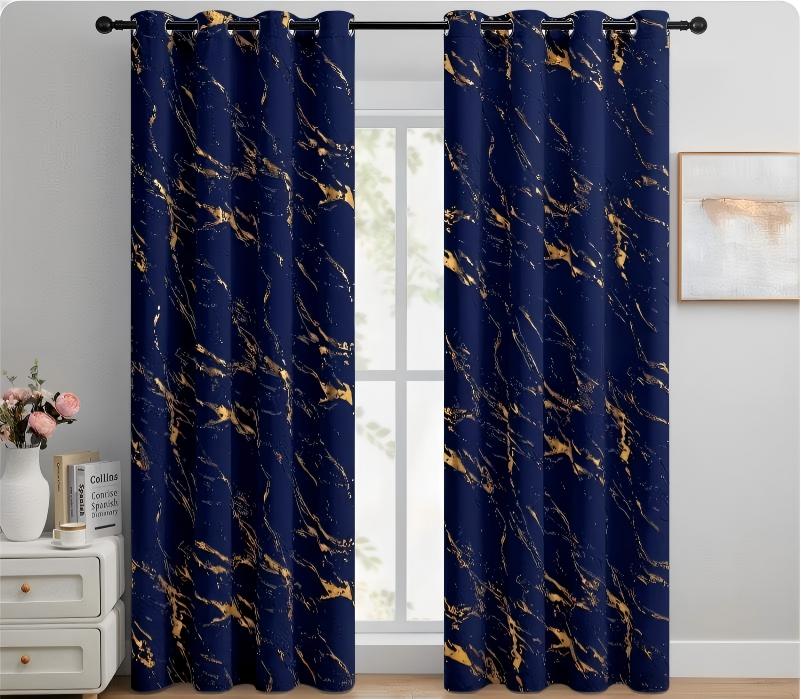 90% Blackout Curtains 2 Panels, Gold Marble Patterned Blackout Curtains Thermal Insulated Room Darkening Drapes for Living Room ,Navy