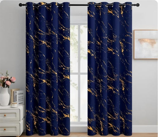 90% Blackout Curtains 2 Panels, Gold Marble Patterned Blackout Curtains Thermal Insulated Room Darkening Drapes for Living Room ,Navy