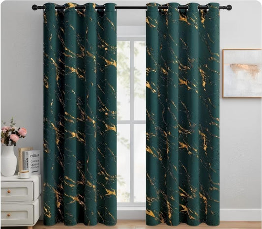 90% Blackout Curtains 2 Panels, Gold Marble Patterned Blackout Curtains Thermal Insulated Room Darkening Drapes for Living Room ,Darkgreen