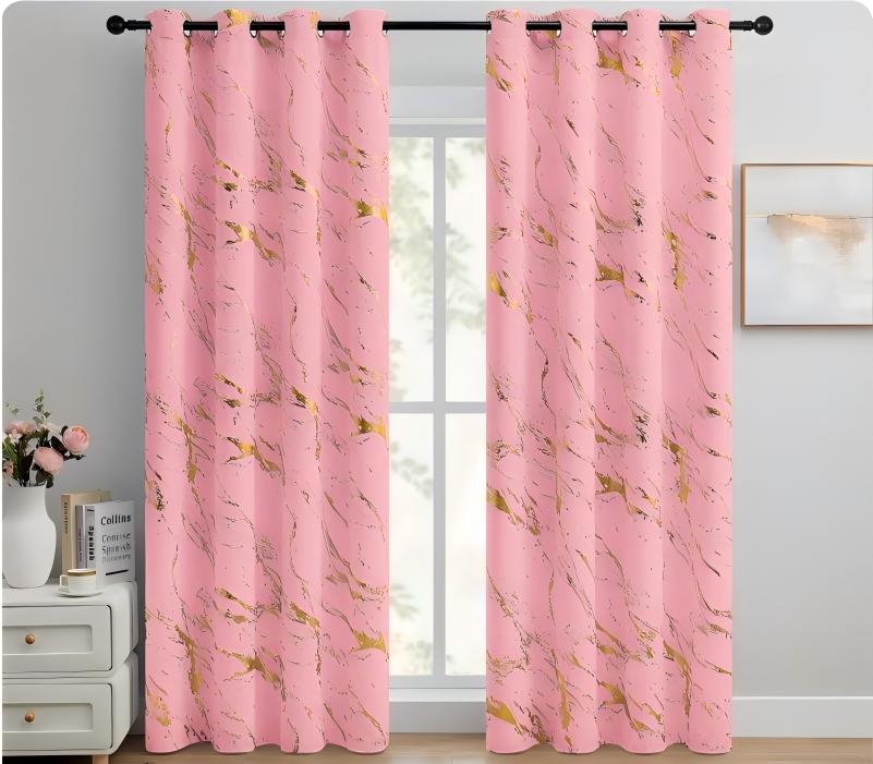 90% Blackout Curtains 2 Panels, Gold Marble Patterned Blackout Curtains Thermal Insulated Room Darkening Drapes for Living Room ,Pink
