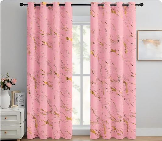 90% Blackout Curtains 2 Panels, Gold Marble Patterned Blackout Curtains Thermal Insulated Room Darkening Drapes for Living Room ,Pink