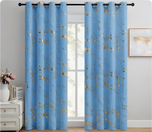 90% Blackout Curtains 2 Panels, Gold Marble Patterned Blackout Curtains Thermal Insulated Room Darkening Drapes for Living Room ,Blue