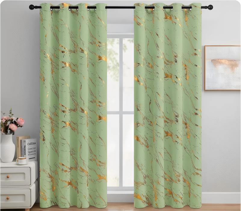 90% Blackout Curtains 2 Panels, Gold Marble Patterned Blackout Curtains Thermal Insulated Room Darkening Drapes for Living Room ,Green