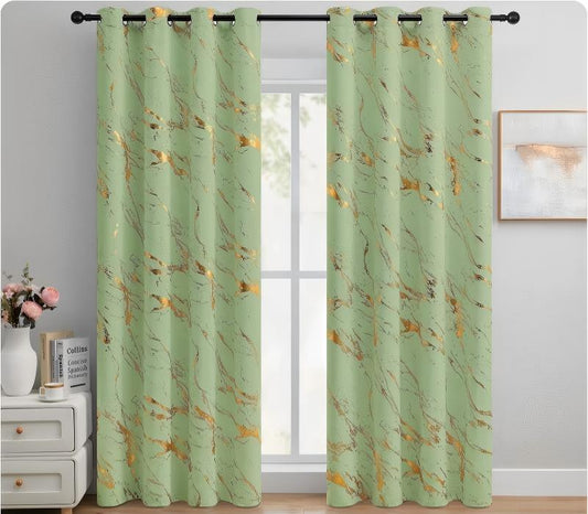 90% Blackout Curtains 2 Panels, Gold Marble Patterned Blackout Curtains Thermal Insulated Room Darkening Drapes for Living Room ,Green