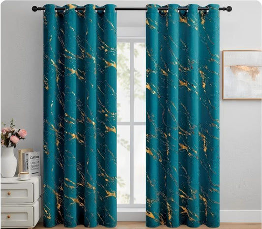 90% Blackout Curtains 2 Panels, Gold Marble Patterned Blackout Curtains Thermal Insulated Room Darkening Drapes for Living Room ,Peacock Blue