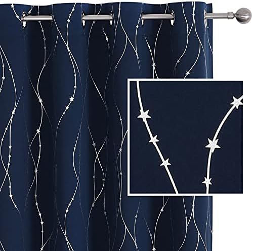 Navy Curtains Bedroom Silver Star Print Design Thermal Insulated Room Darkening Window Treatment Grommet Drapes for Living Room/Kids Game Room Set of 2 Panels