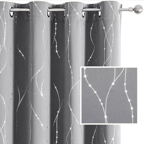 Lightgrey Curtains Bedroom Silver Star Print Design Thermal Insulated Room Darkening Window Treatment Grommet Drapes for Living Room/Kids Game Room Set of 2 Panels