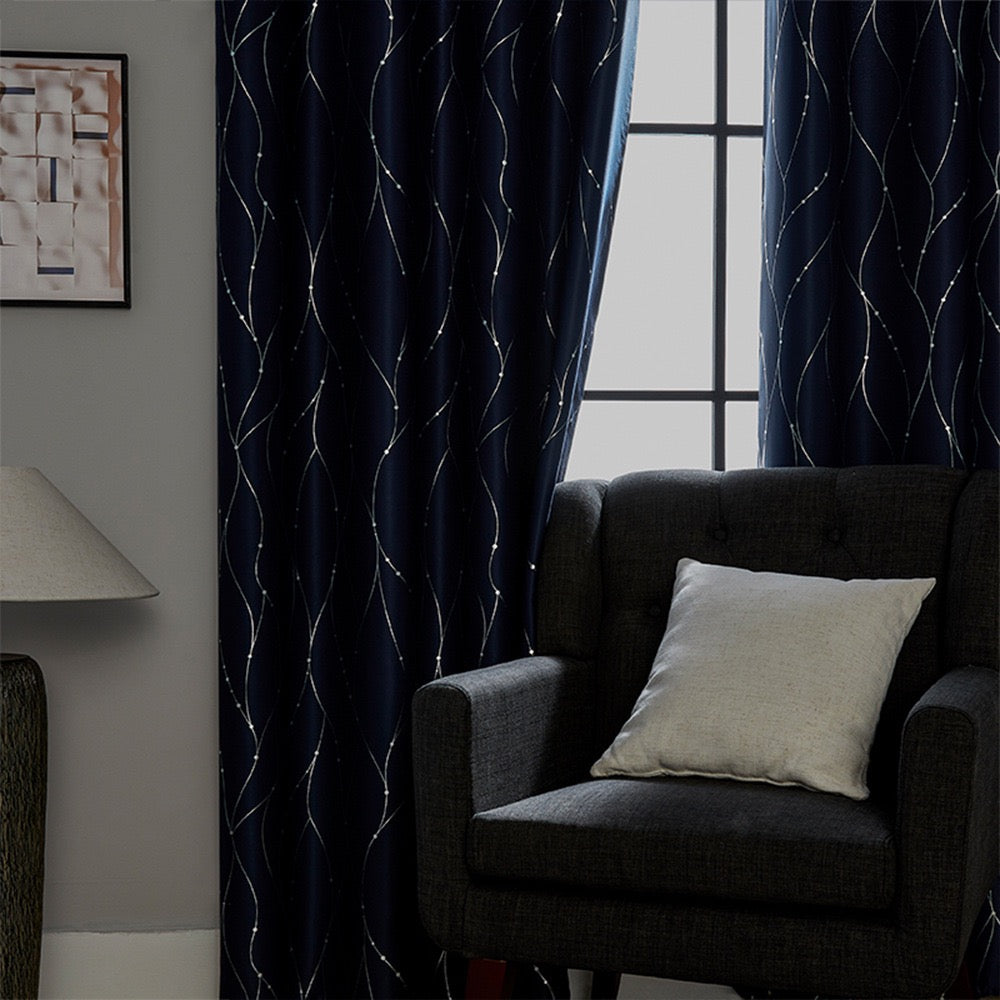 Navy Curtains Bedroom Silver Star Print Design Thermal Insulated Room Darkening Window Treatment Grommet Drapes for Living Room/Kids Game Room Set of 2 Panels
