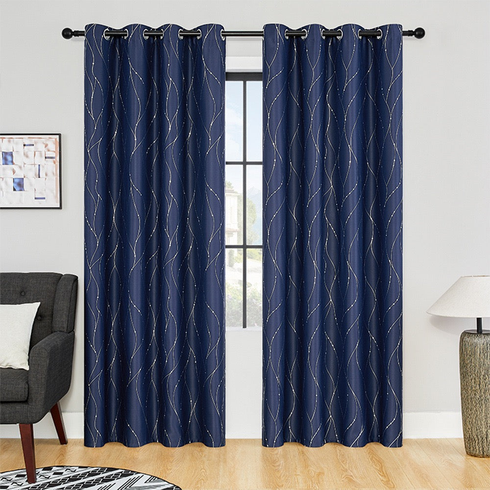 Navy Curtains Bedroom Silver Star Print Design Thermal Insulated Room Darkening Window Treatment Grommet Drapes for Living Room/Kids Game Room Set of 2 Panels