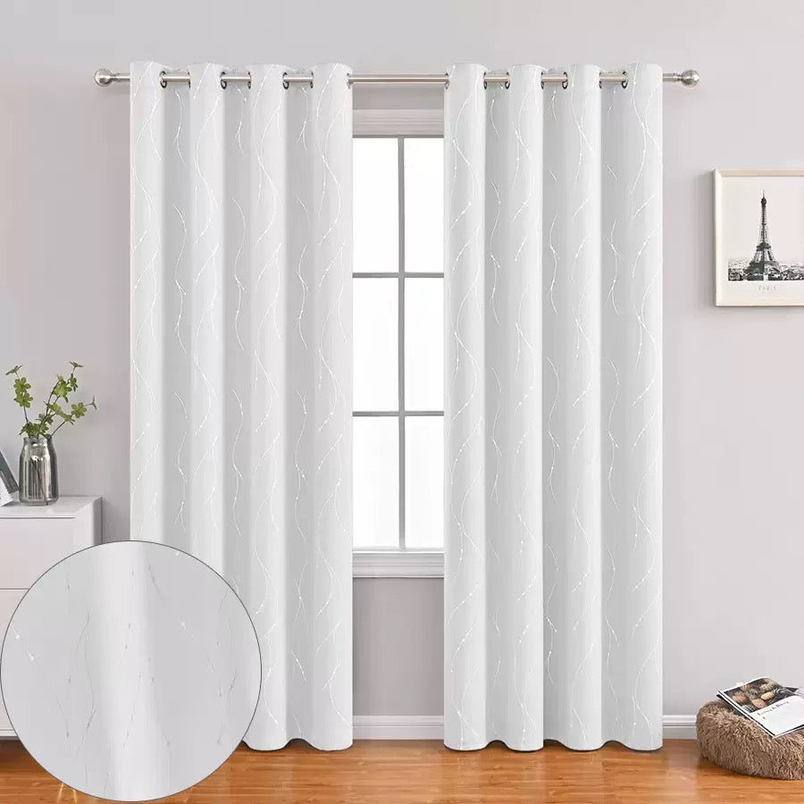 White Curtains Bedroom Silver Star Print Design Thermal Insulated Room Darkening Window Treatment Grommet Drapes for Living Room/Kids Game Room Set of 2 Panels