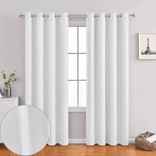 White Curtains Bedroom Silver Star Print Design Thermal Insulated Room Darkening Window Treatment Grommet Drapes for Living Room/Kids Game Room Set of 2 Panels