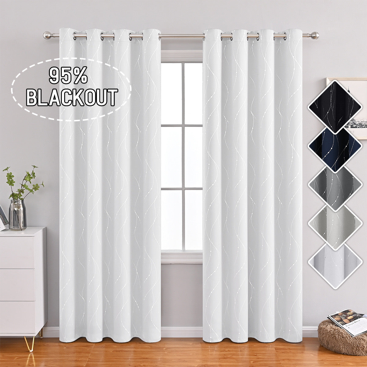 White Curtains Bedroom Silver Star Print Design Thermal Insulated Room Darkening Window Treatment Grommet Drapes for Living Room/Kids Game Room Set of 2 Panels