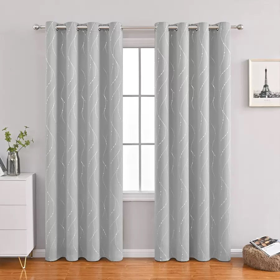 Lightgrey Curtains Bedroom Silver Star Print Design Thermal Insulated Room Darkening Window Treatment Grommet Drapes for Living Room/Kids Game Room Set of 2 Panels
