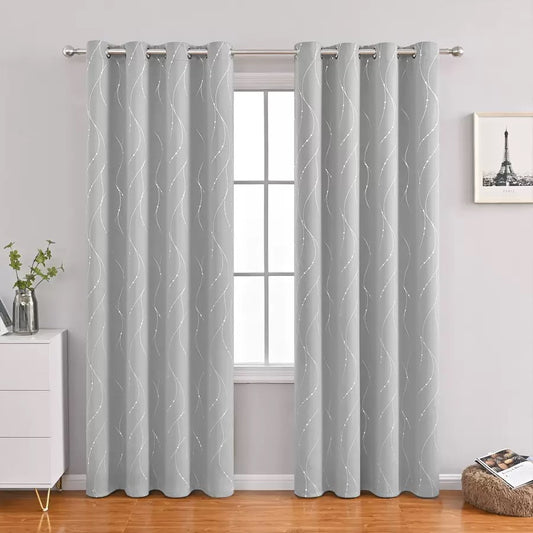 Lightgrey Curtains Bedroom Silver Star Print Design Thermal Insulated Room Darkening Window Treatment Grommet Drapes for Living Room/Kids Game Room Set of 2 Panels