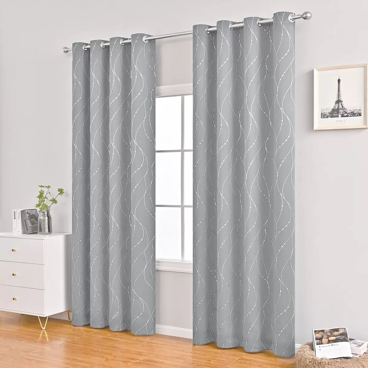 Lightgrey Curtains Bedroom Silver Star Print Design Thermal Insulated Room Darkening Window Treatment Grommet Drapes for Living Room/Kids Game Room Set of 2 Panels