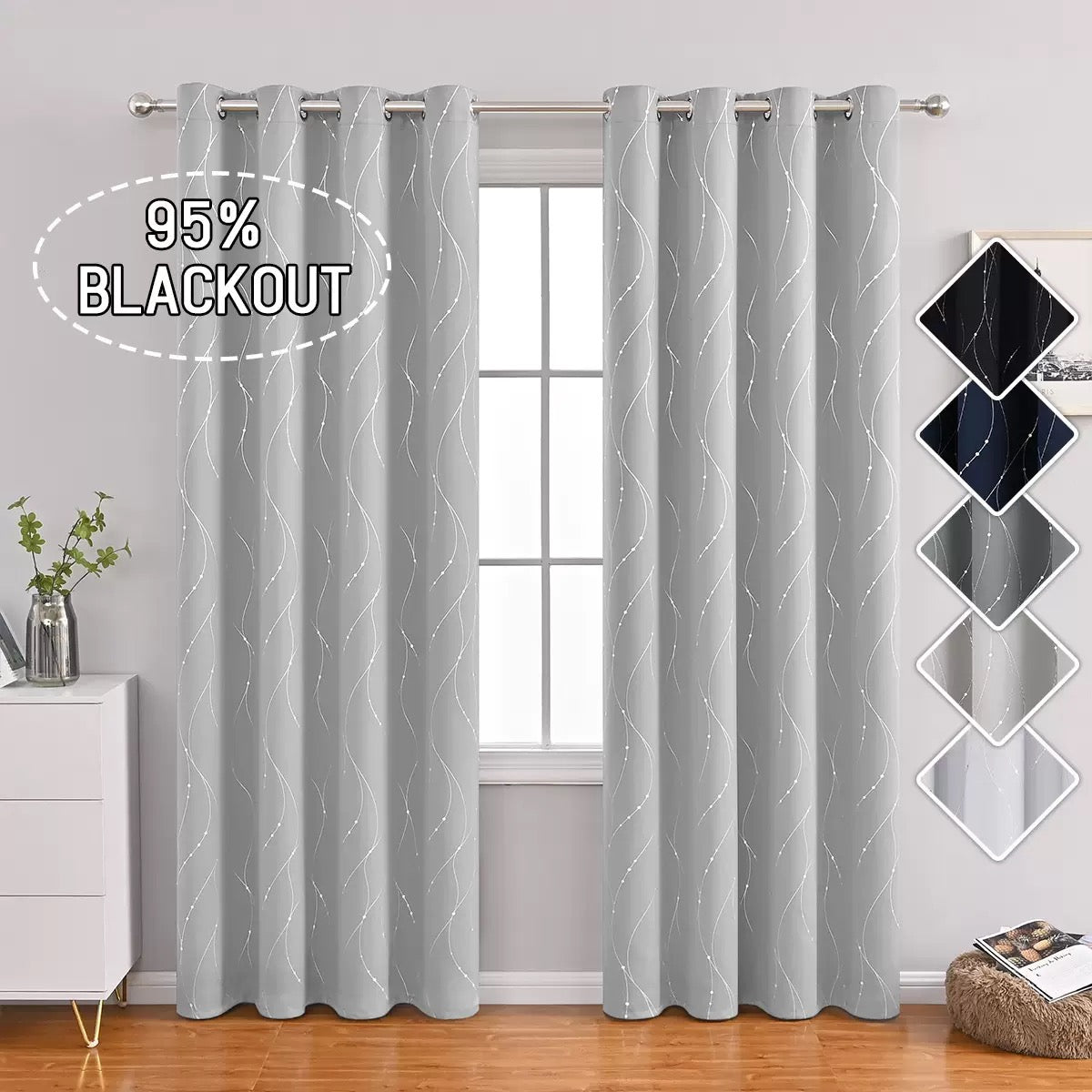 Lightgrey Curtains Bedroom Silver Star Print Design Thermal Insulated Room Darkening Window Treatment Grommet Drapes for Living Room/Kids Game Room Set of 2 Panels