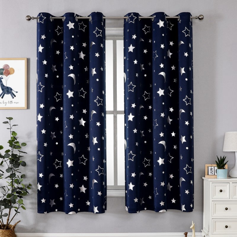 Navy Curtains Bedroom Silver Star Moon Print  Thermal Insulated Room Darkening Treatment Grommet Drapes for Living Room/Kids Set of 2 Panels