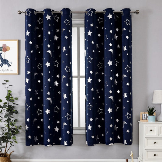 Navy Curtains Bedroom Silver Star Moon Print Thermal Insulated Room Darkening Treatment Grommet Drapes for Living Room/Kids Set of 2 Panels