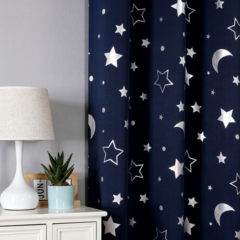 Navy Curtains Bedroom Silver Star Moon Print  Thermal Insulated Room Darkening Treatment Grommet Drapes for Living Room/Kids Set of 2 Panels
