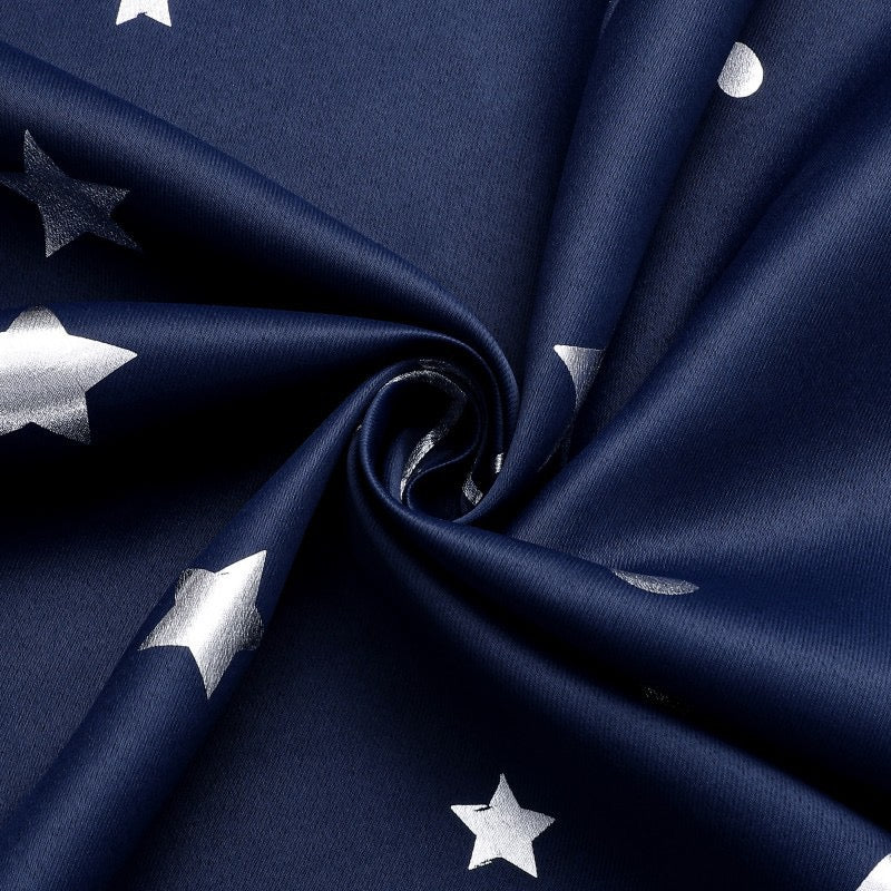 Navy Curtains Bedroom Silver Star Moon Print  Thermal Insulated Room Darkening Treatment Grommet Drapes for Living Room/Kids Set of 2 Panels