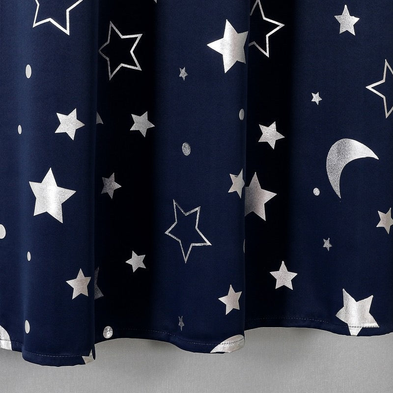 Navy Curtains Bedroom Silver Star Moon Print  Thermal Insulated Room Darkening Treatment Grommet Drapes for Living Room/Kids Set of 2 Panels