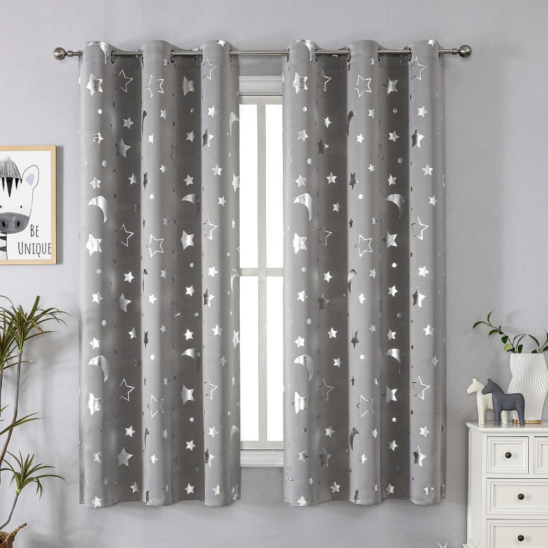 Grey Curtains Bedroom Silver Star Moon Print  Thermal Insulated Room Darkening Treatment Grommet Drapes for Living Room/Kids Set of 2 Panels
