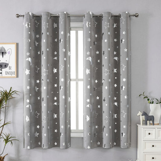 Grey Curtains Bedroom Silver Star Moon Print  Thermal Insulated Room Darkening Treatment Grommet Drapes for Living Room/Kids Set of 2 Panels