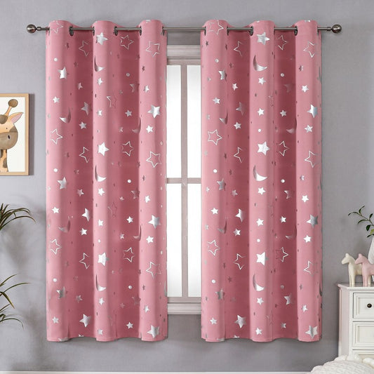 Pink Curtains Bedroom Silver Star Moon Print Thermal Insulated Room Darkening Treatment Grommet Drapes for Living Room/Kids Set of 2 Panels