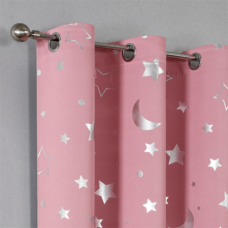 Pink Curtains Bedroom Silver Star Moon Print  Thermal Insulated Room Darkening Treatment Grommet Drapes for Living Room/Kids Set of 2 Panels