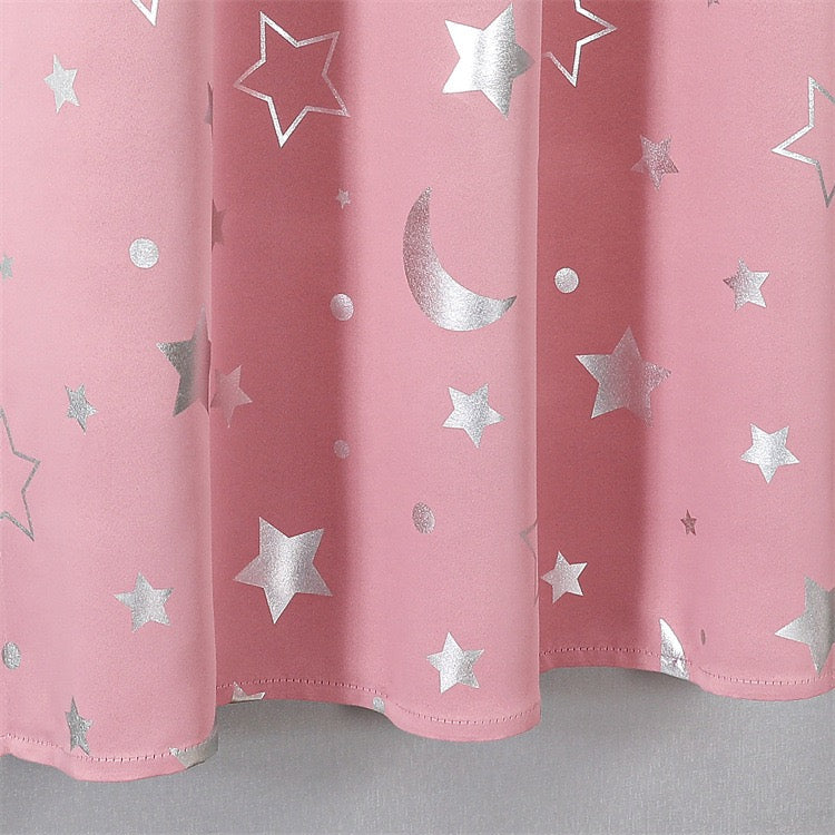 Pink Curtains Bedroom Silver Star Moon Print  Thermal Insulated Room Darkening Treatment Grommet Drapes for Living Room/Kids Set of 2 Panels