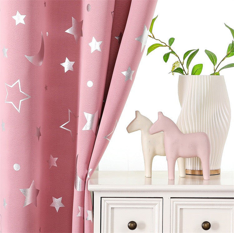 Pink Curtains Bedroom Silver Star Moon Print  Thermal Insulated Room Darkening Treatment Grommet Drapes for Living Room/Kids Set of 2 Panels